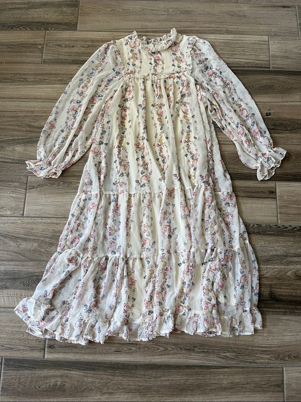 In Bloom Cream Floral Ruffle Maxi Dress with Pink Accents NWT